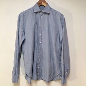 Armani Collezioni Men 15.5 Dress Shirt Blue Plaid Button Cotton Italy Designer
